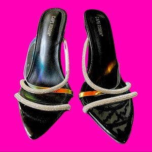 Strapless black crisscross heels